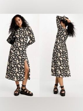 Mango Black & Cream Floral Midi Dress